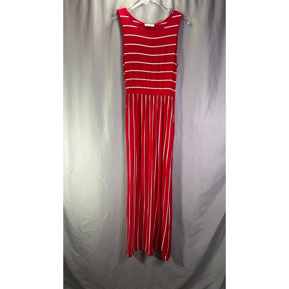 Hount Maxi Dress Womens Medium Red White Striped Stretch Sleeveless Round Neck